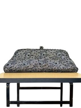 Vintage 1989–94 Vanessa Gunmetal Beaded Lace Evening Clutch w Chain & Kiss-Lock